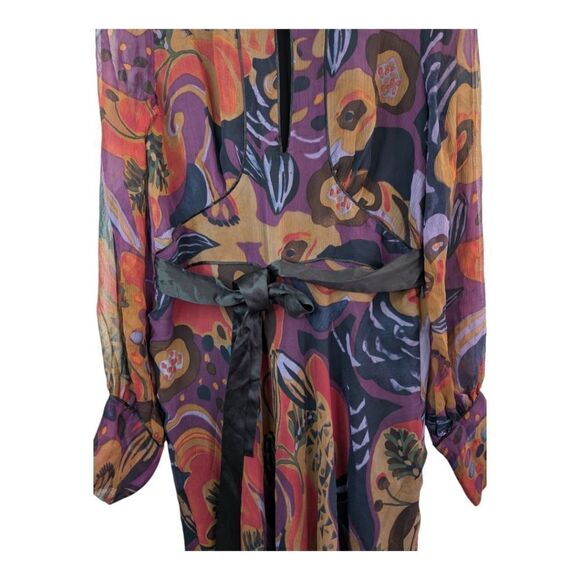 Vintage 100% Silk FLORAL midi dress ribbon tie long sleeves US size 6 - Picture 3 of 16